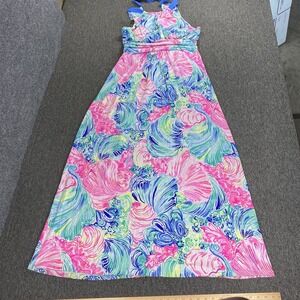 Lilly Pulitzer Maxi Dress XL Colorful Beach Please Shell Martina Neck Tie Halter